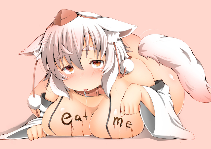 animal_ears bare_shoulders blush body_writing breast_press breasts brown_eyes chocolate_on_breasts collar commentary_request detached_sleeves hat inubashiri_momiji large_breasts long_sleeves looking_at_viewer lying nose_blush on_stomach plump pom_pom_(clothes) shishi_juuroku short_hair solo tail thick_eyebrows tokin_hat tongue tongue_out touhou valentine white_hair wide_sleeves wolf_ears wolf_tail