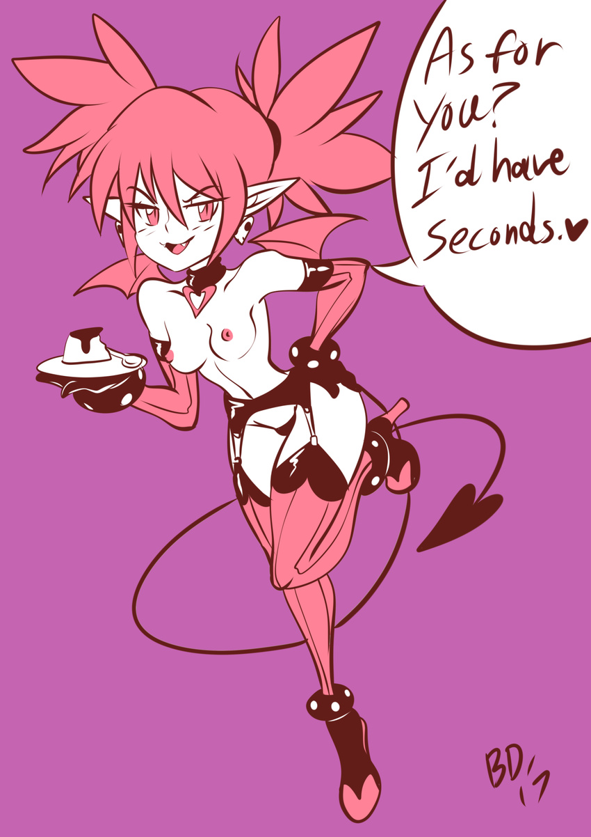 1girl bigdead93 breasts choker disgaea elbow_gloves etna high_heels nipples pudding red_hair tail twintails wing