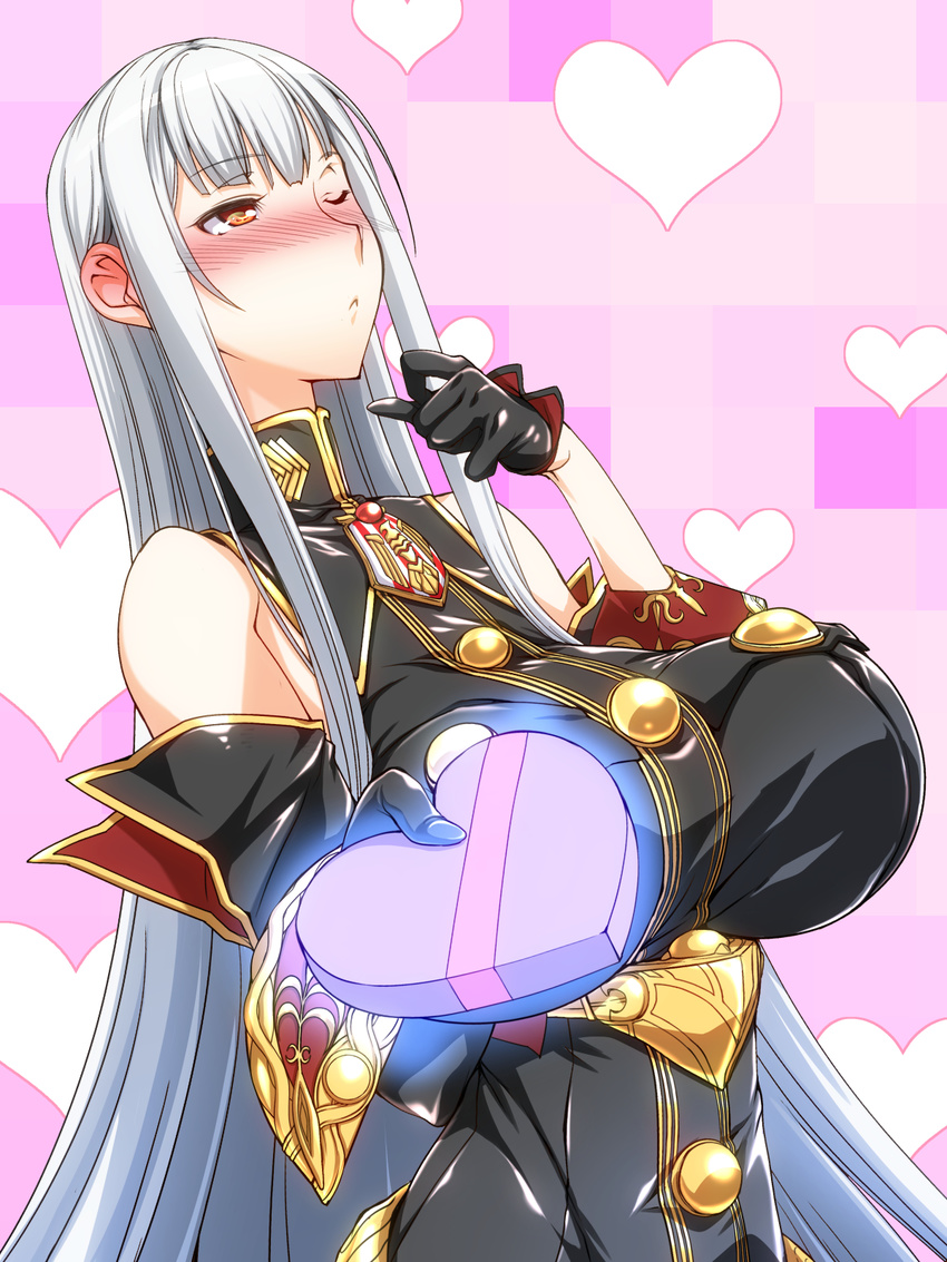 ;&lt; bad_anatomy bangs bare_shoulders blunt_bangs blush breasts closed_mouth commentary_request detached_sleeves ebido gift heart heart_background highres huge_breasts incoming_gift long_hair nose_blush red_eyes selvaria_bles senjou_no_valkyria senjou_no_valkyria_1 sidelocks silver_hair solo upper_body very_long_hair