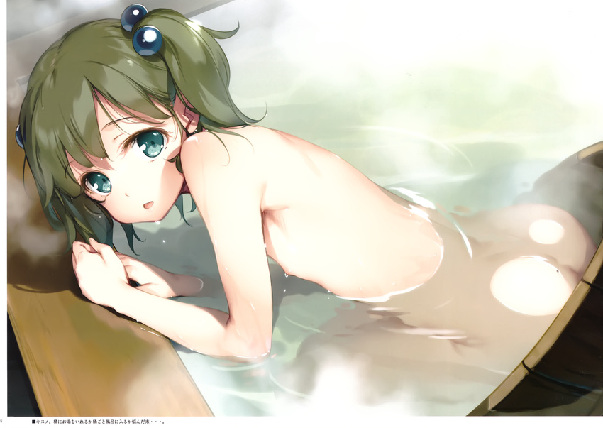 absurdres arm_support ass back bangs bath bathing bucket eyebrows_visible_through_hair fingernails flat_chest green_eyes green_hair hair_bobbles hair_ornament highres in_bucket in_container ke-ta kisume looking_at_viewer nipples nude onsen open_mouth partially_submerged ripples scan seiza short_hair sitting solo steam touhou translated two_side_up water wet wooden_bucket