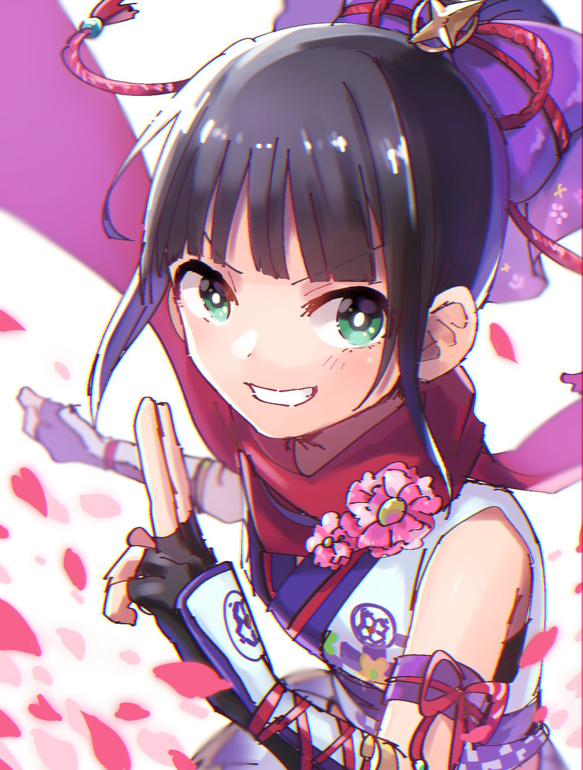 brown_hair gauntlets hair_bun hair_ornament hair_tie hamaguchi_ayame heart highres idolmaster idolmaster_cinderella_girls idolmaster_cinderella_girls_starlight_stage japanese_clothes kimono kuji-in ninja smug solo tybys50 white_background