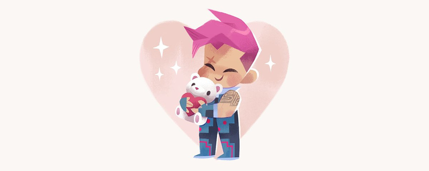 bad_id bad_twitter_id chibi fingerless_gloves full_body gloves heart overwatch pink_hair scar short_hair simple_background solid_circle_eyes solo sparkle star stuffed_animal stuffed_toy teddy_bear tinysnails valentine white_background zarya_(overwatch)