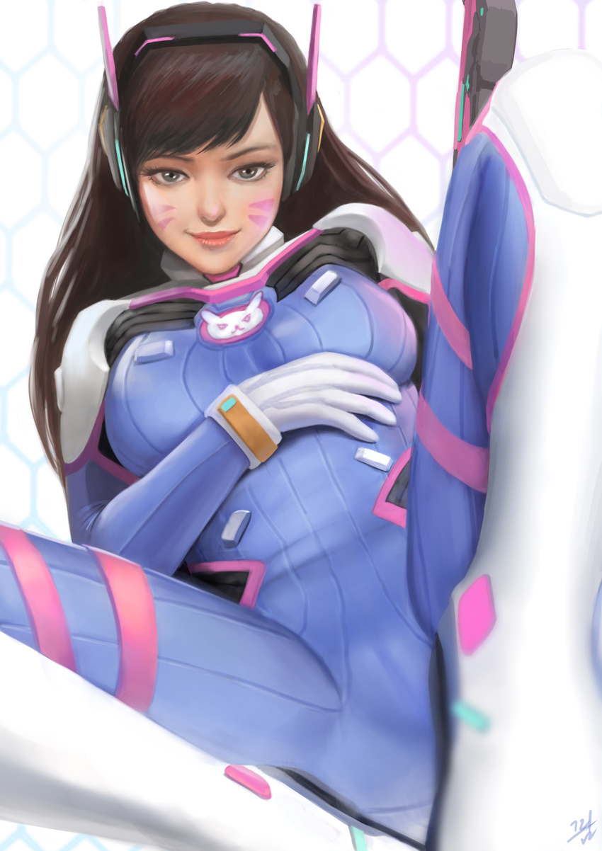 bangs bodysuit breasts brown_eyes brown_hair cameltoe cowboy_shot d.va_(overwatch) eyelashes facial_mark gloves hand_on_own_chest headphones highres honeycomb_(pattern) honeycomb_background light_smile lips long_hair looking_at_viewer md5_mismatch medium_breasts nose overwatch pilot_suit qoiwrng realistic reclining revision solo swept_bangs whisker_markings white_background white_gloves