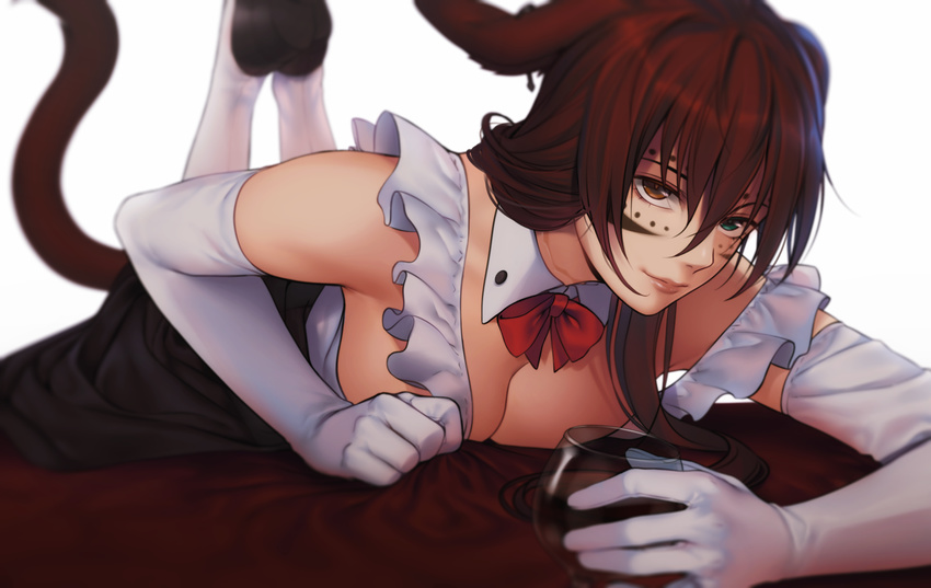 animal_ears blue_eyes bow bowtie breasts brown_eyes brown_hair cat_ears cat_tail cleavage cup detached_collar drinking_glass elbow_gloves eventh7 facial_mark final_fantasy final_fantasy_xiv gloves heterochromia highres large_breasts long_hair looking_at_viewer lying miqo'te on_stomach smile solo tail white_gloves white_legwear wine_glass