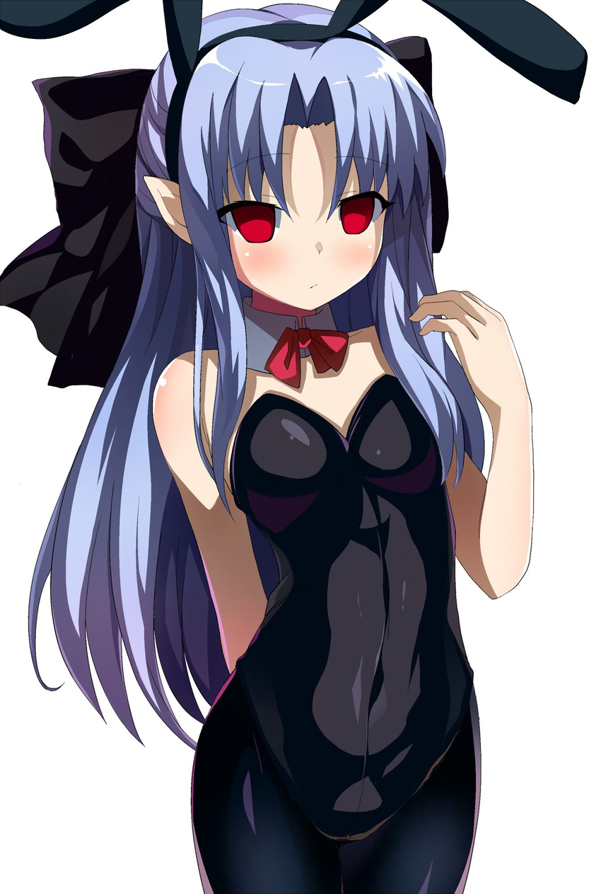 animal_ears arm_behind_back bare_shoulders black_legwear black_leotard blue_hair blush bunny_ears bunnysuit closed_mouth covered_navel cowboy_shot detached_collar empty_eyes expressionless fake_animal_ears hairband highres len leotard long_hair no_pupils pantyhose pointy_ears red_eyes ribbon shimejinameko solo strapless strapless_leotard tsukihime