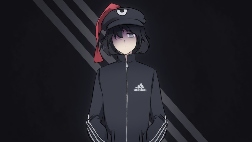 adidas alternate_costume androgynous beret black_hair casual contemporary expressionless grey_eyes hat highres jacket len'en lenk64 senri_tsurubami short_hair solo track_jacket