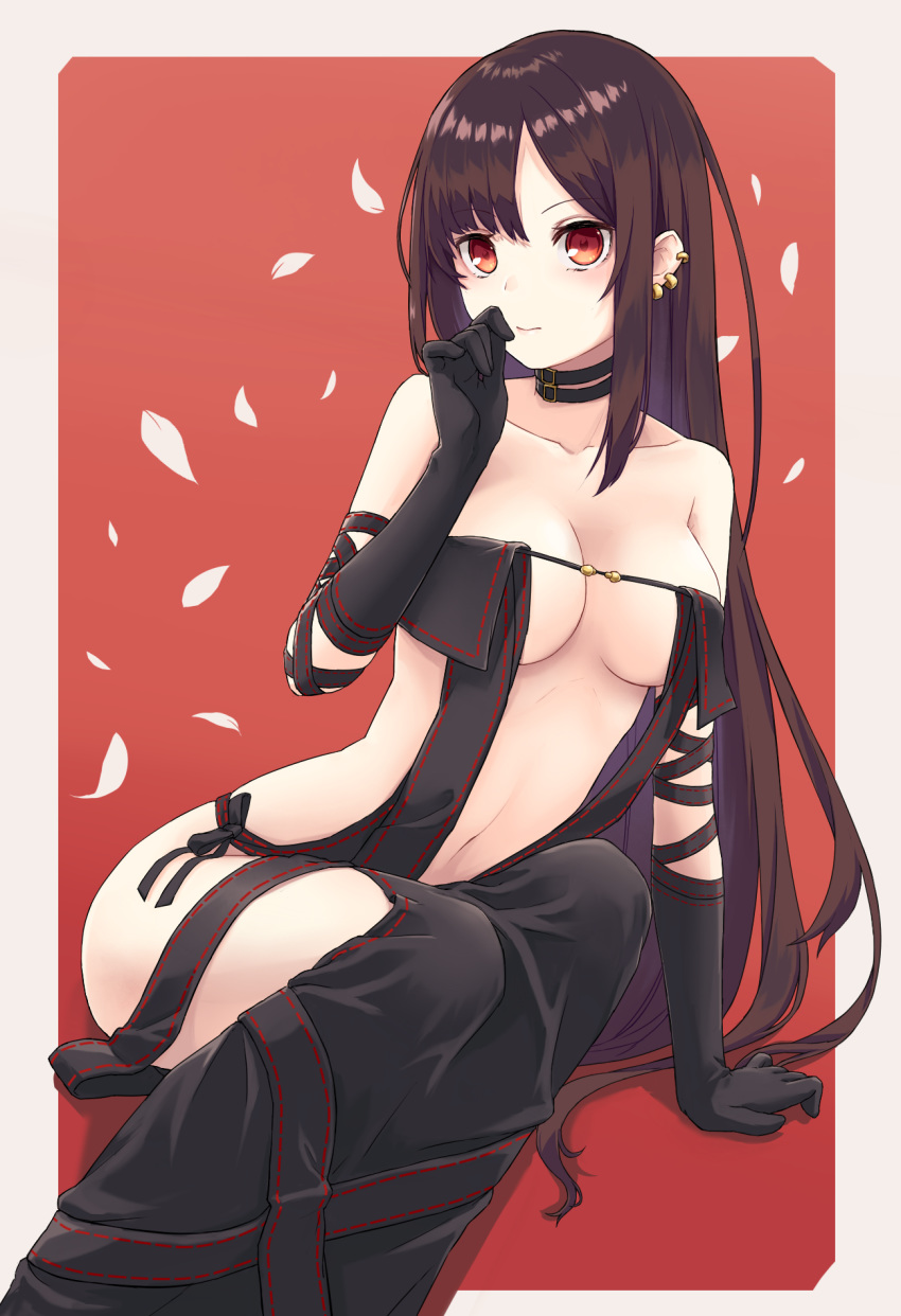 1girl bare_shoulders black_choker black_gloves black_hair border breasts choker consort_yu_(fate) dress elbow_gloves fate/grand_order fate_(series) gloves grey_border highres large_breasts long_hair namec0 navel petals red_background red_eyes revealing_clothes sitting solo strapless strapless_dress very_long_hair