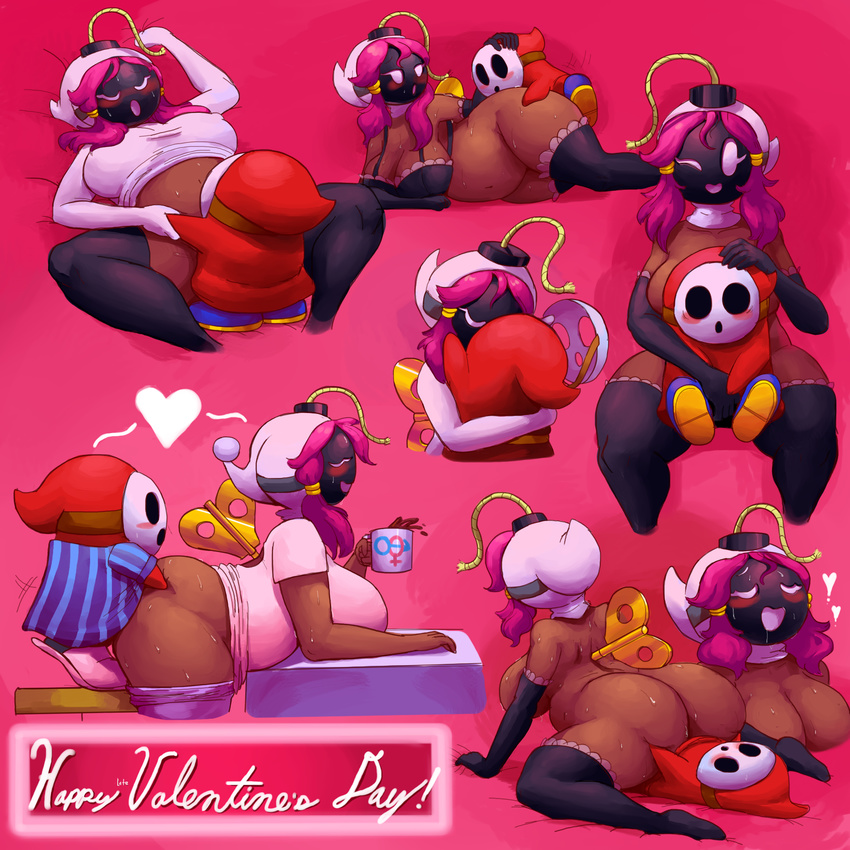 &lt;3 all_fours ambiguous_penetration beverage big_breasts big_butt blush bob-omb bra breast_squish breasts butt butt_grab clothed clothing coffee coffee_mug doggystyle drooling duo english_text eyes_closed female from_behind_position gloves hair hand_holding hand_on_butt holidays hug humanoid kissing larger_female legwear lying male mario_bros mask multiple_positions nintendo not_furry on_back one_eye_closed open_mouth outta_sync pajamas pants_down partially_clothed penetration pink_background pink_hair rear_view saliva sex shirt shy-bomb shygirl shyguy simple_background size_difference slightly_chubby slippers smaller_male sweat text thick_thighs underwear valentine's_day video_games wind-up_key wink