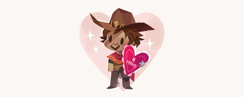 bad_id bad_twitter_id beard brown_hair cape chibi cowboy_hat facial_hair full_body gloves hat heart holding male_focus mccree_(overwatch) overwatch pointing simple_background smile solid_circle_eyes solo sparkle spurs star text_focus tinysnails valentine white_background