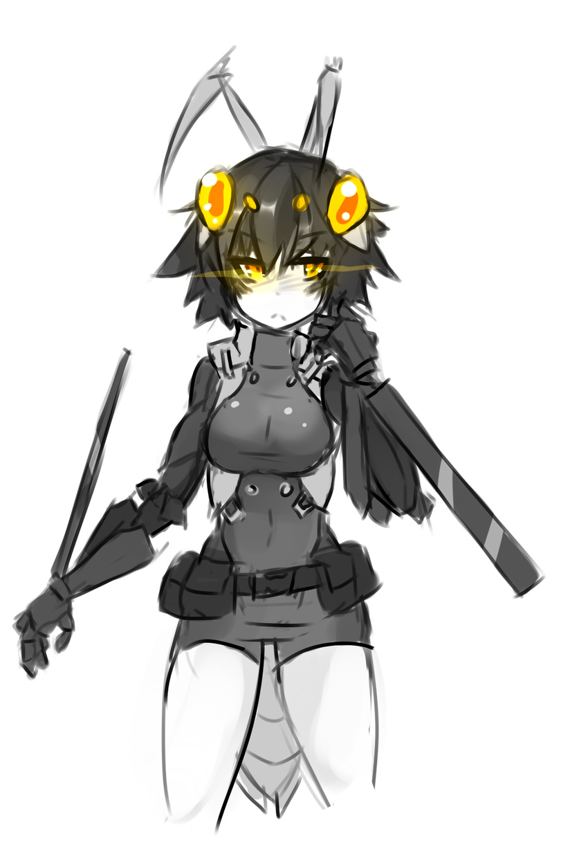 adam_jensen animal_humanoid arthropod breasts clothed clothing deus_ex fully_clothed glowing glowing_eyes humanoid insect insect_humanoid mantis monster_girl monster_girl_(genre) monster_girl_encyclopedia simple_background sketch solo standing sub-res video_games white_background yellow_eyes