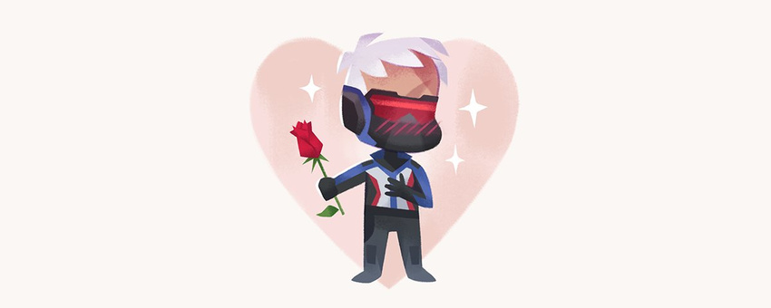 bad_id bad_twitter_id blush chibi face_mask flower full_body gloves hand_on_own_chest heart holding holding_flower jacket male_focus mask overwatch rose scar simple_background soldier:_76_(overwatch) solid_circle_eyes solo sparkle star tinysnails valentine visor white_background white_hair