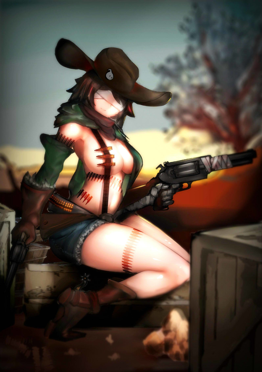 black_hair blindfold blurry boots breasts brown_footwear brown_gloves bullet cartridge closed_mouth commentary_request cowboy_hat depth_of_field detached_sleeves dual_wielding facing_viewer gloves gun handgun hat highres holding holding_gun holding_weapon lapaco large_breasts magazine_(weapon) navel original revealing_clothes revolver shiny shiny_skin shorts smile solo thighs weapon