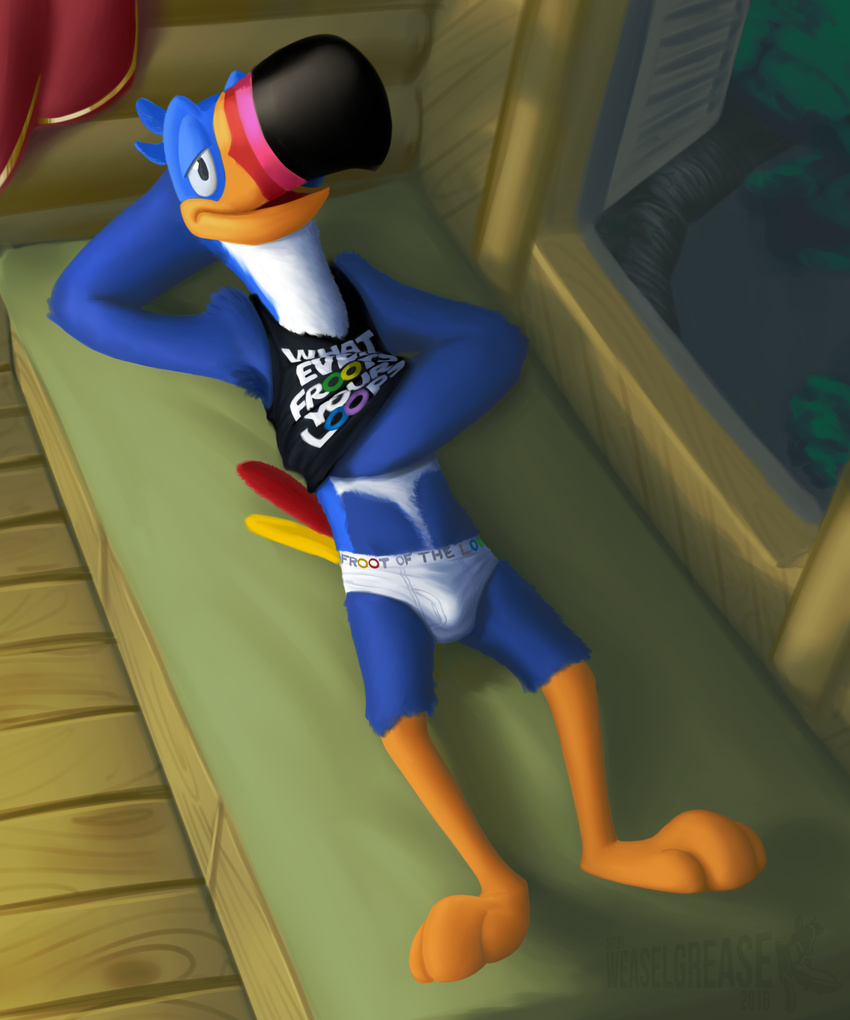 anthro anthrofied avian beak bed bird briefs bulge clothing english_text froot_loops hand_behind_head hand_under_shirt high-angle_view inside lineless looking_at_viewer mascot on_bed rear_view shaded shirt signature tank_top text toucan toucan_sam underwear weaselgrease