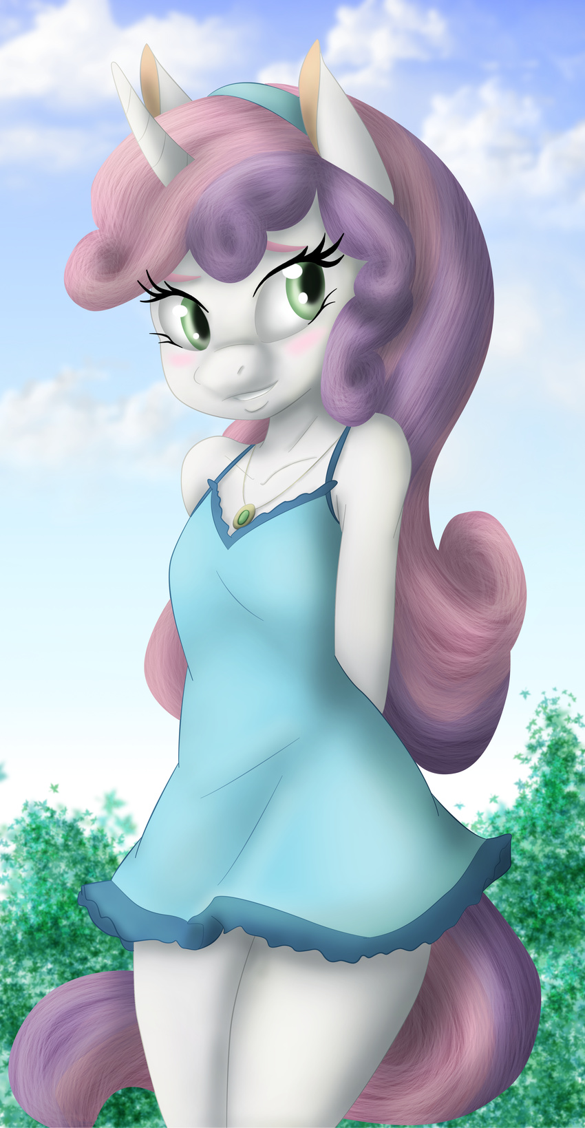 absurd_res ambris anthro anthrofied blush clothed clothing cloud colored dress edit equine eyelashes female friendship_is_magic green_eyes hair hands_behind_back hi_res horn kurausuki long_hair mammal multicolored_hair my_little_pony outside solo sweetie_belle_(mlp) two_tone_hair unicorn