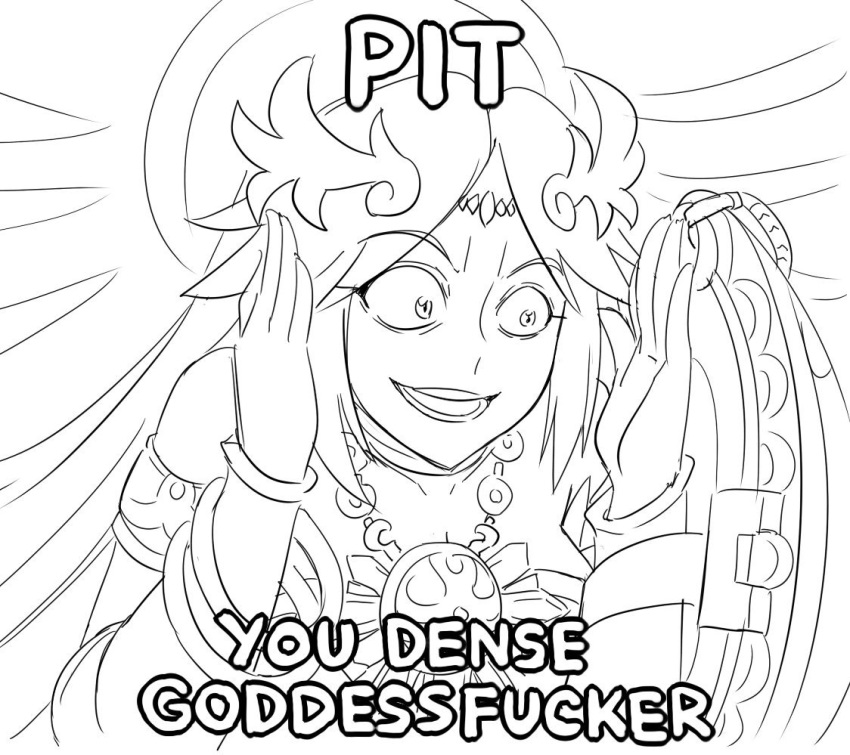 1girl english eyebrows_visible_through_hair goddess jewelry kid_icarus kid_icarus_uprising long_hair matsu-sensei meme monochrome necklace nintendo open_mouth palutena parody profanity shield the_incredibles tiara