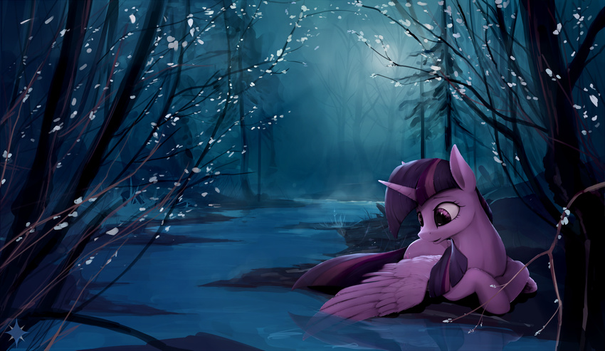 detailed_background equine feathered_wings feathers female feral friendship_is_magic hooves horn lying mammal moon my_little_pony night noctilucent-arts outside purple_feathers solo twilight_sparkle_(mlp) water winged_unicorn wings