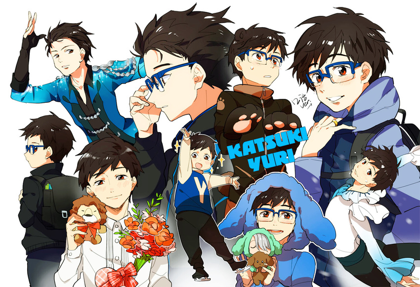 animal_ears animal_hood backpack bag bear_ears bear_paws black_hair blue-framed_eyewear bouquet brown_eyes character_doll character_name child dog_hood flower glasses hair_slicked_back hood hooded_jacket ice_skates jacket katsuki_yuuri makkachin male_focus multiple_persona open_mouth skates smile sparkle stuffed_animal stuffed_lion stuffed_toy track_jacket viktor_nikiforov yanzhan younger yuri!!!_on_ice