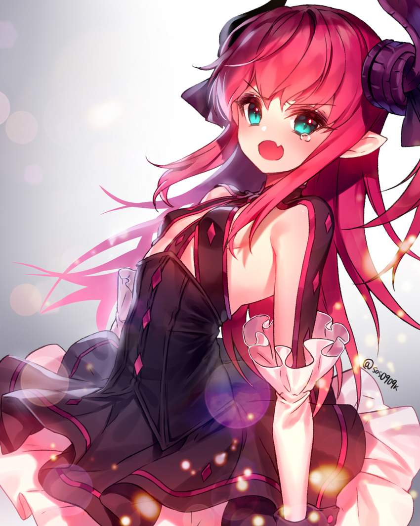 argyle asymmetrical_horns bangs black_joa breasts detached_sleeves dragon_girl dragon_horns dress dutch_angle elizabeth_bathory_(fate) elizabeth_bathory_(fate)_(all) eyebrows_visible_through_hair fate/extra fate/extra_ccc fate_(series) green_eyes highres horns long_hair looking_at_viewer no_bra open_mouth pink_hair pointy_ears simple_background slit_pupils small_breasts solo tears