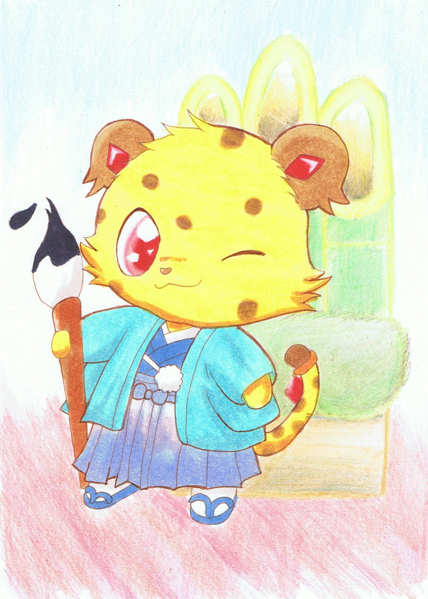 cheetah clothing feline feral footwear fur furari@ jasper_(jewelpet) jewelpet jewelry mammal one_eye_closed paintbrush red_eyes sanrio shoes simple_background spots spotted_fur tail_ring traditional_media_(artwork) wink yellow_fur