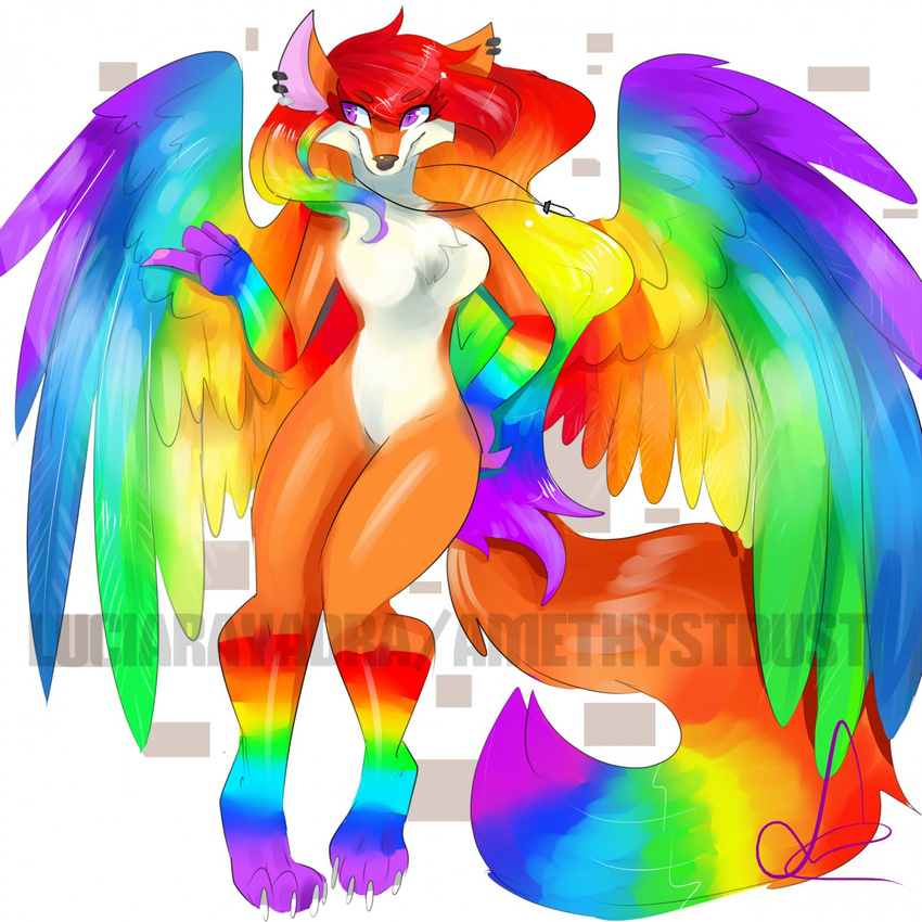 amethystdust anthro breasts canine feathered_wings feathers featureless_breasts female fox fur hair hybrid mammal nude solo standing wings