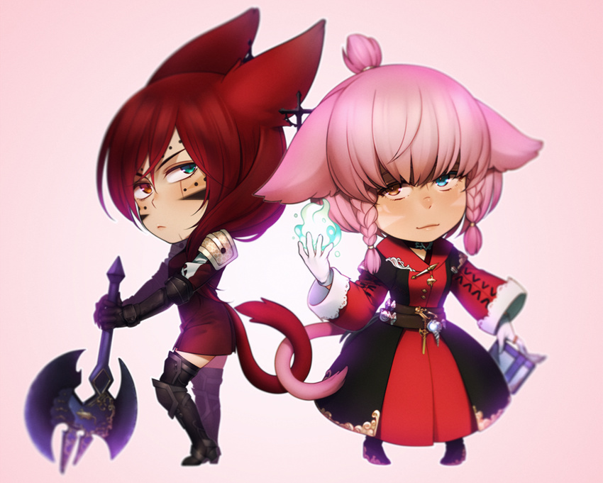 animal_ears axe battle_axe cat_ears cat_tail chibi earrings eventh7 facial_mark final_fantasy final_fantasy_xiv gloves heterochromia jewelry looking_at_viewer miqo'te multiple_girls pink_hair red_hair short_hair tail thighhighs weapon
