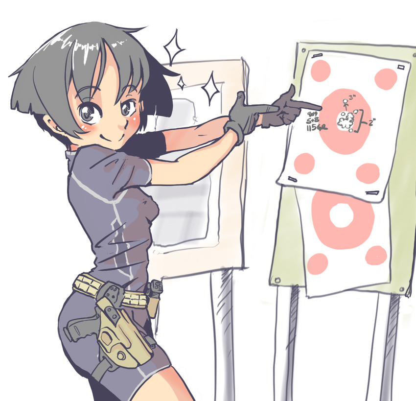 bob_cut breasts glock gun handgun highres holster jarv pistol pointing short_hair small_breasts smile solo sparkle target weapon