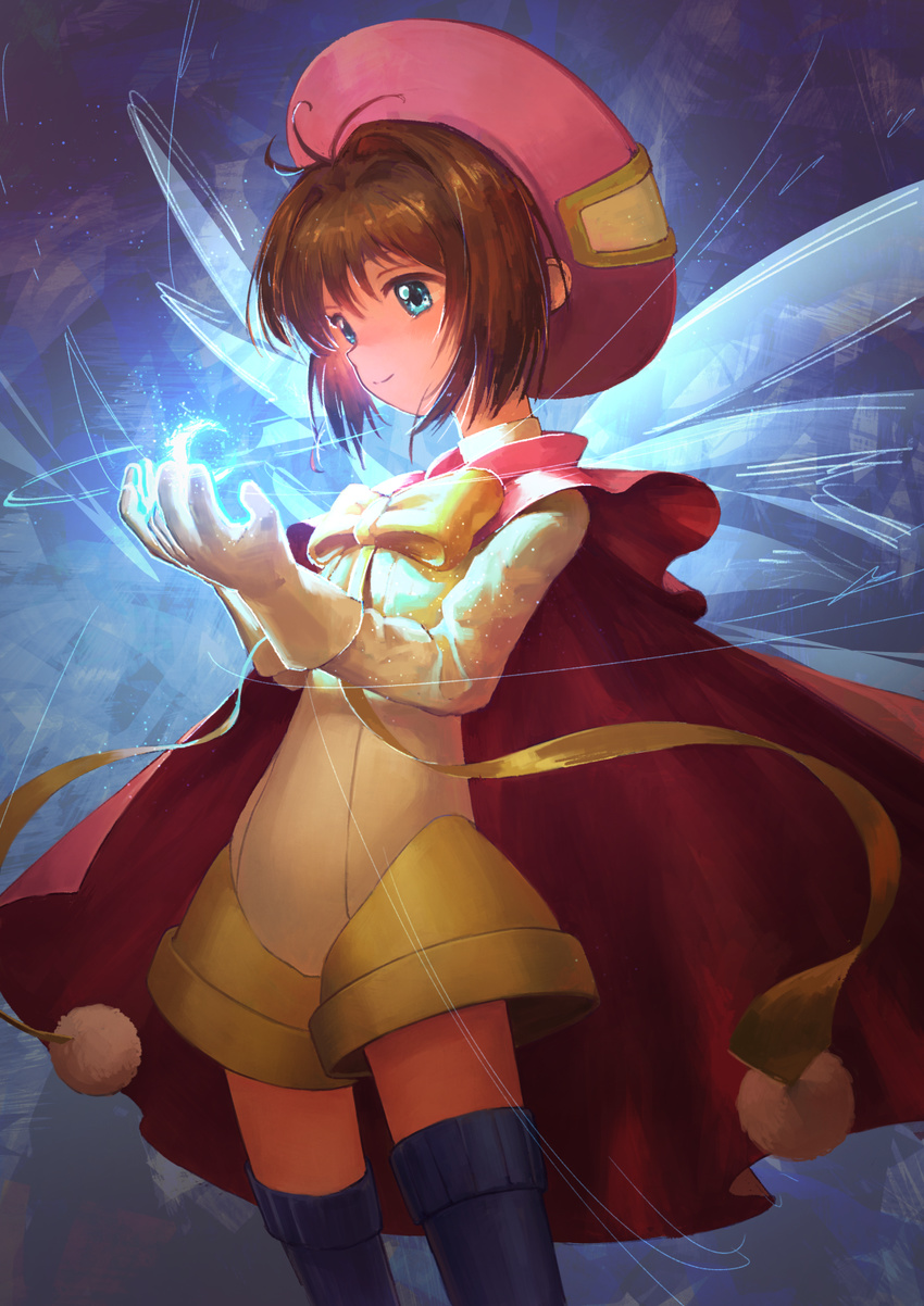 boots brown_hair cape cardcaptor_sakura commentary_request dress gloves green_eyes highres kinomoto_sakura looking_at_hand magic magical_girl moon noske pink_dress short_hair simple_background smile solo thigh_boots thighhighs wings