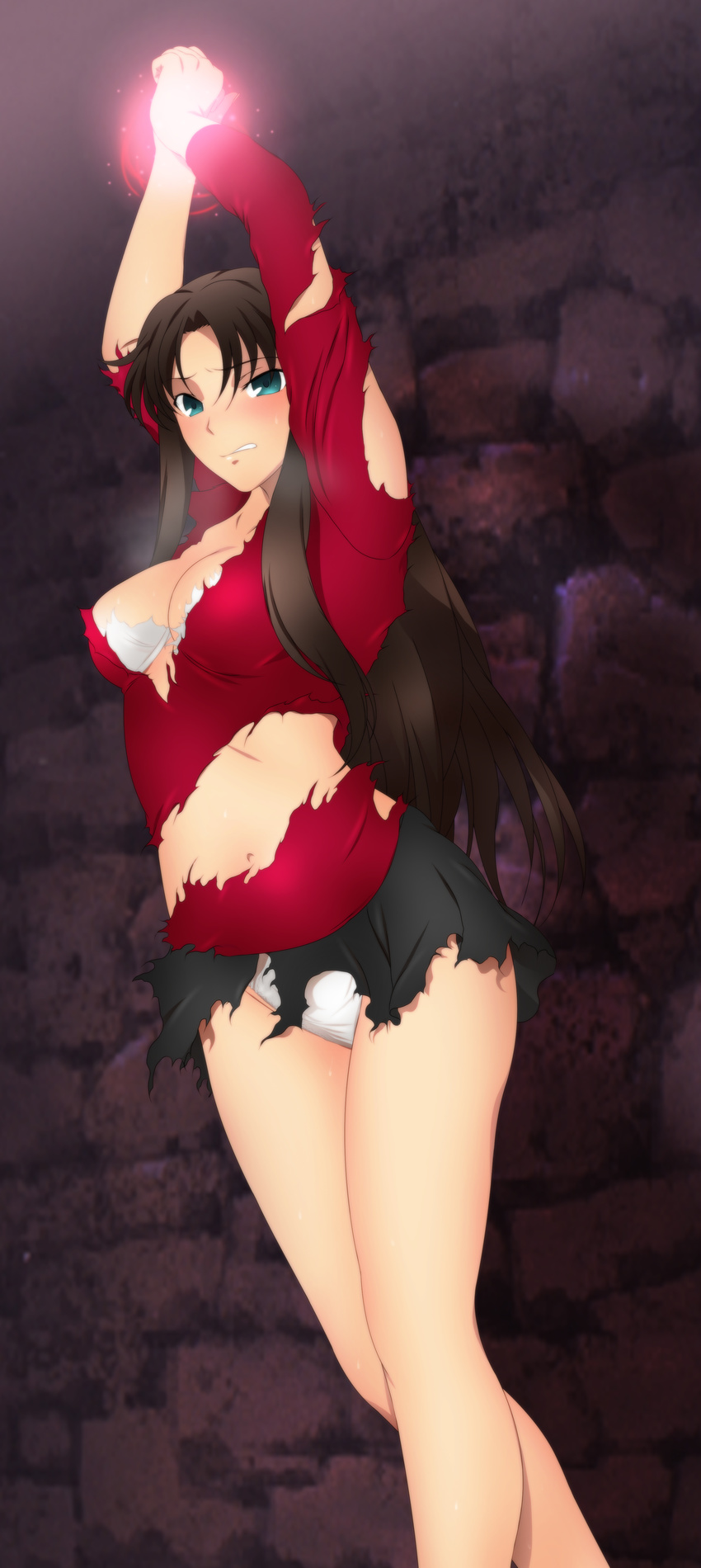1girl arms_up black_hair black_skirt blush bra breasts cleavage embarrassed fate/stay_night fate_(series) green_eyes hair_ribbon highres large_breasts legs long_hair looking_at_viewer magic navel panties parted_lips restrained ribbon skirt solo standing thighs tohsaka_rin torn_clothes twintails underwear white_bra white_panties yadokari_genpachirou