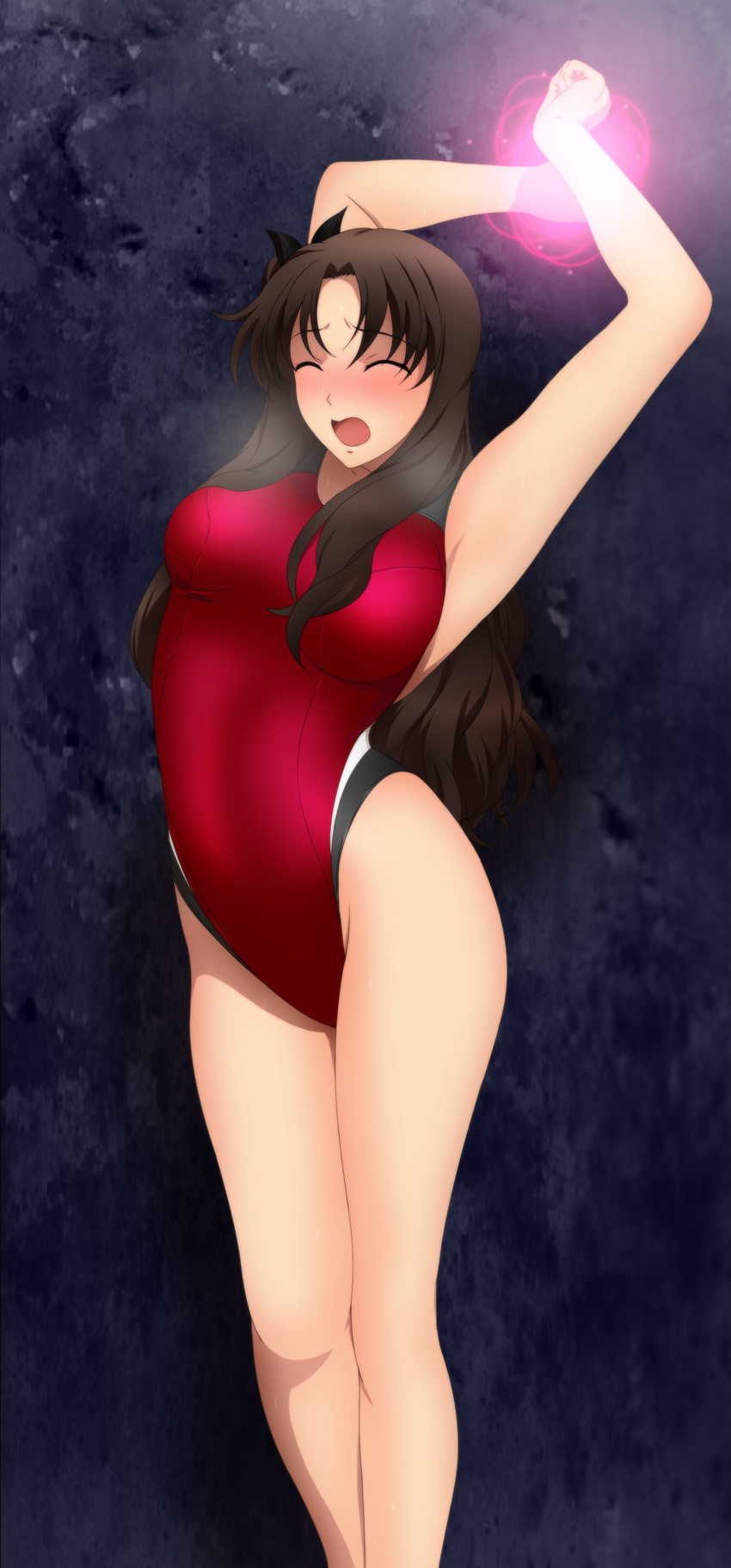 1girl armpits arms_up bare_arms bare_legs black_hair blush breasts embarrassed eyes_closed fate/stay_night fate_(series) hair_ribbon heavy_breathing highres large_breasts legs long_hair open_mouth ribbon shiny shiny_clothes solo standing swimsuit thighs tohsaka_rin twintails yadokari_genpachirou