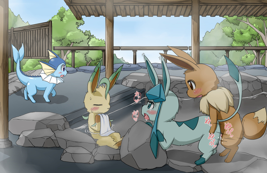 detailed_background eevee eeveelution female feral glaceon koorinezumi leafeon male male/female nintendo pok&eacute;mon vapereon video_games