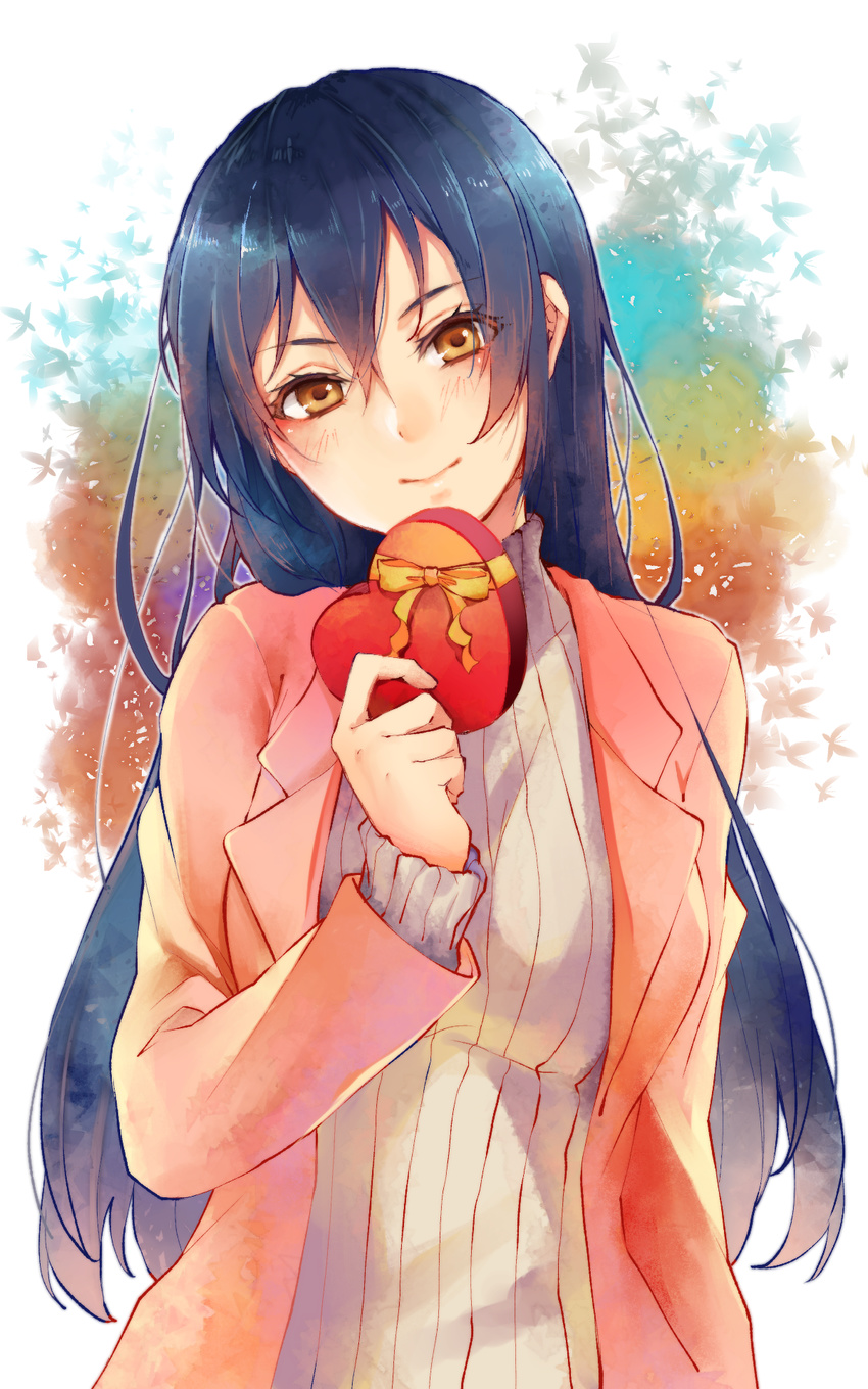 bangs blue_hair blush box breasts closed_mouth dress eyelashes gift grey_sweater hair_between_eyes head_tilt heart-shaped_box highres holding holding_gift jacket large_breasts long_hair long_sleeves looking_at_viewer love_live! love_live!_school_idol_project pink_jacket ribbed_sweater ribbon smile solo sonoda_umi sweater sweater_dress turtleneck turtleneck_sweater upper_body valentine yellow_eyes yellow_ribbon yumari_nakura