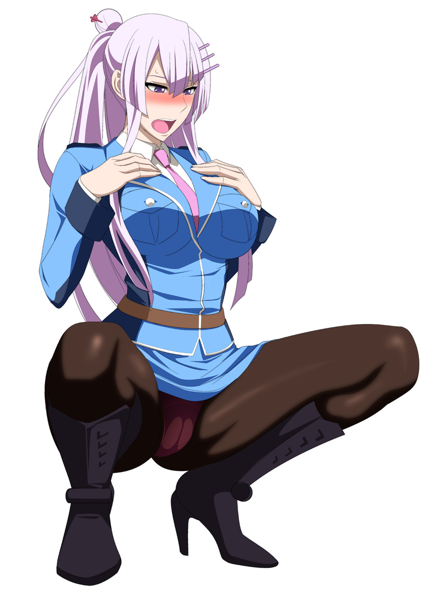 1girl blush boots breasts collared_shirt frolaytia_capistrano hair_bun hands_on_breasts heavy_object heels large_breasts lime_(purple_haze) long_hair long_sleeves miniskirt open_mouth pantyhose purple_eyes squatting tie uniform white_hair