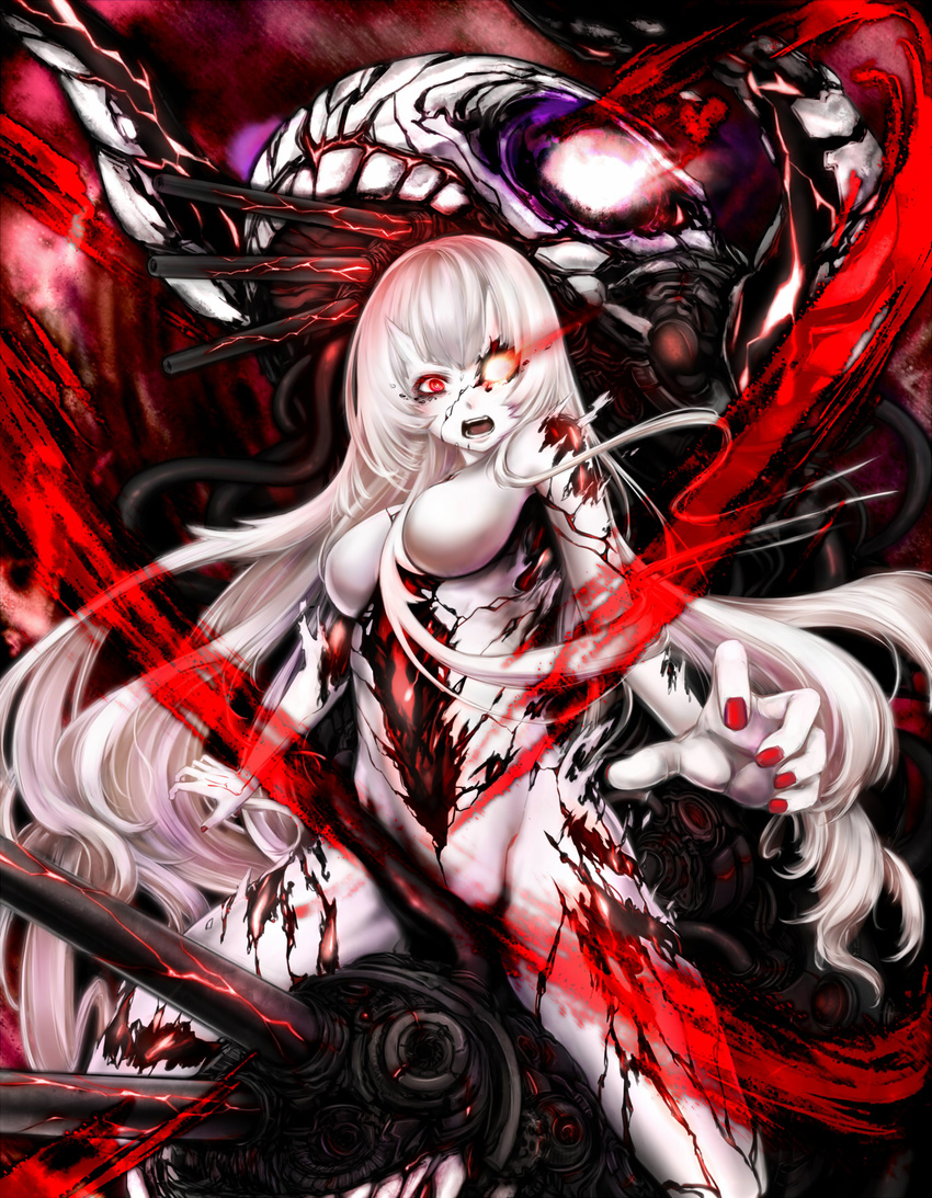 bangs black_skin breasts central_hime crack cracked_skin d: fingernails floating_hair glowing glowing_eye highres horns kantai_collection long_hair looking_at_viewer medium_breasts nail_polish no_nipples no_pussy nude open_mouth red_eyes red_nails shinkaisei-kan sitting solo taq_(taku0719) teeth tongue turret very_long_hair white_hair white_skin