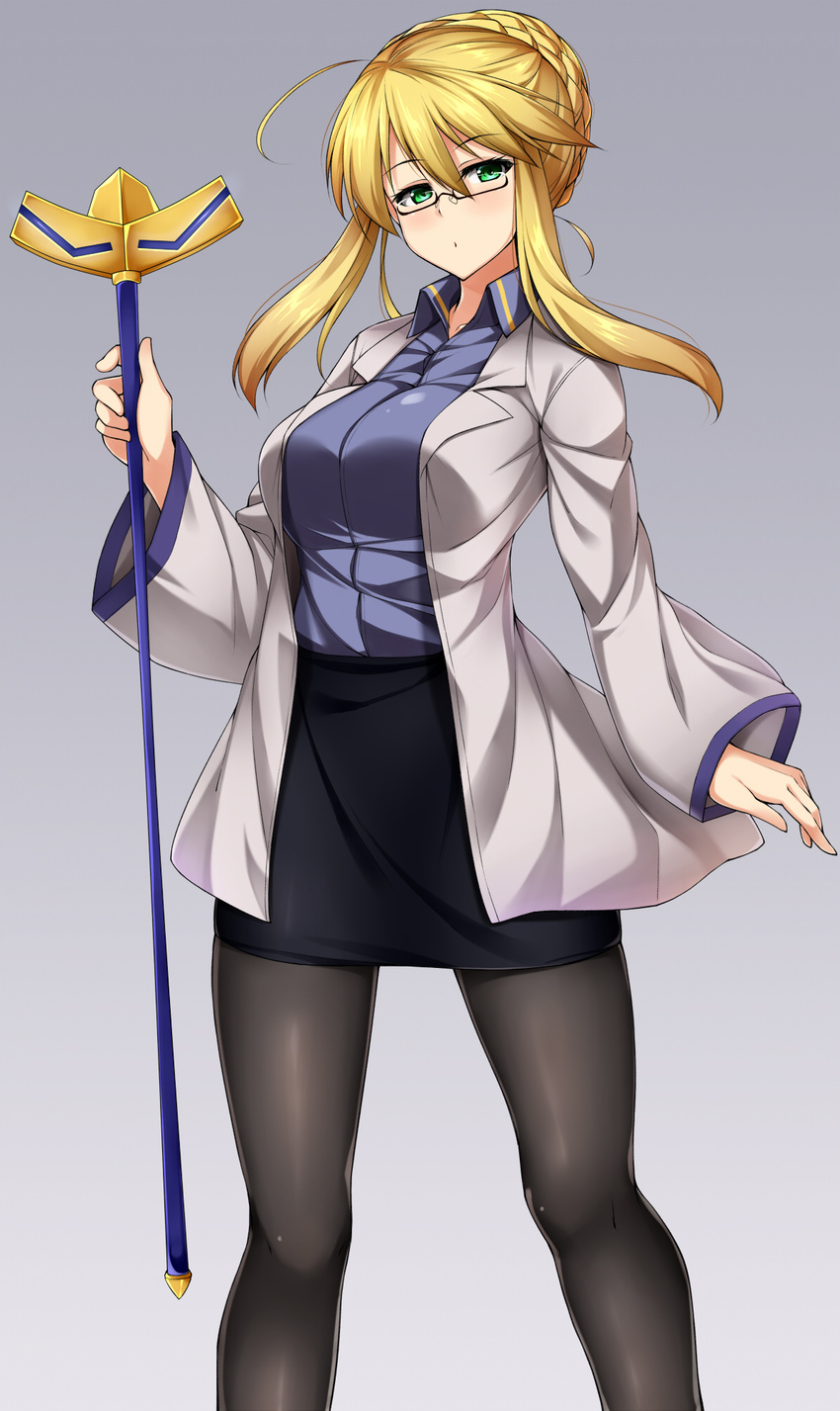 adapted_object ahoge alternate_costume artoria_pendragon_(all) artoria_pendragon_(lancer) bespectacled black_legwear blonde_hair blouse braid breasts commentary_request excalibur fate/grand_order fate_(series) french_braid glasses green_eyes highres holding kuragari legs long_sleeves looking_at_viewer medium_breasts pantyhose solo standing