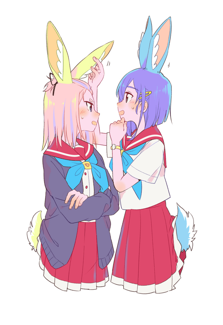 :d absurdres adapted_costume animal_ears bangs_pinned_back blonde_hair blue_hair blush bunny_ears bunny_tail cardigan crossed_arms ear_grab eyebrows flip_flappers from_side highres inconvenient_tail keiya kokomine_cocona matching_outfit multicolored_hair multiple_girls neckerchief open_cardigan open_clothes open_mouth pleated_skirt profile school_uniform serafuku short_hair simple_background skirt smile streaked_hair sweatdrop tail white_background yayaka yuri