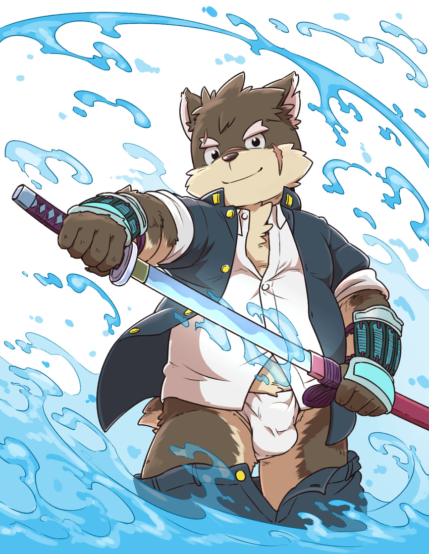 anthro armor bracers canine clothed clothing cub dog facial_scar fundoshi holding_object holding_weapon japanese_clothing katana looking_at_viewer magic male mammal melee_weapon moritaka overweight overweight_male pants_down partially_clothed scar school_uniform simple_background slightly_chubby smile sword tokyo_afterschool_summoners underwear uniform water weapon wolfsoul young