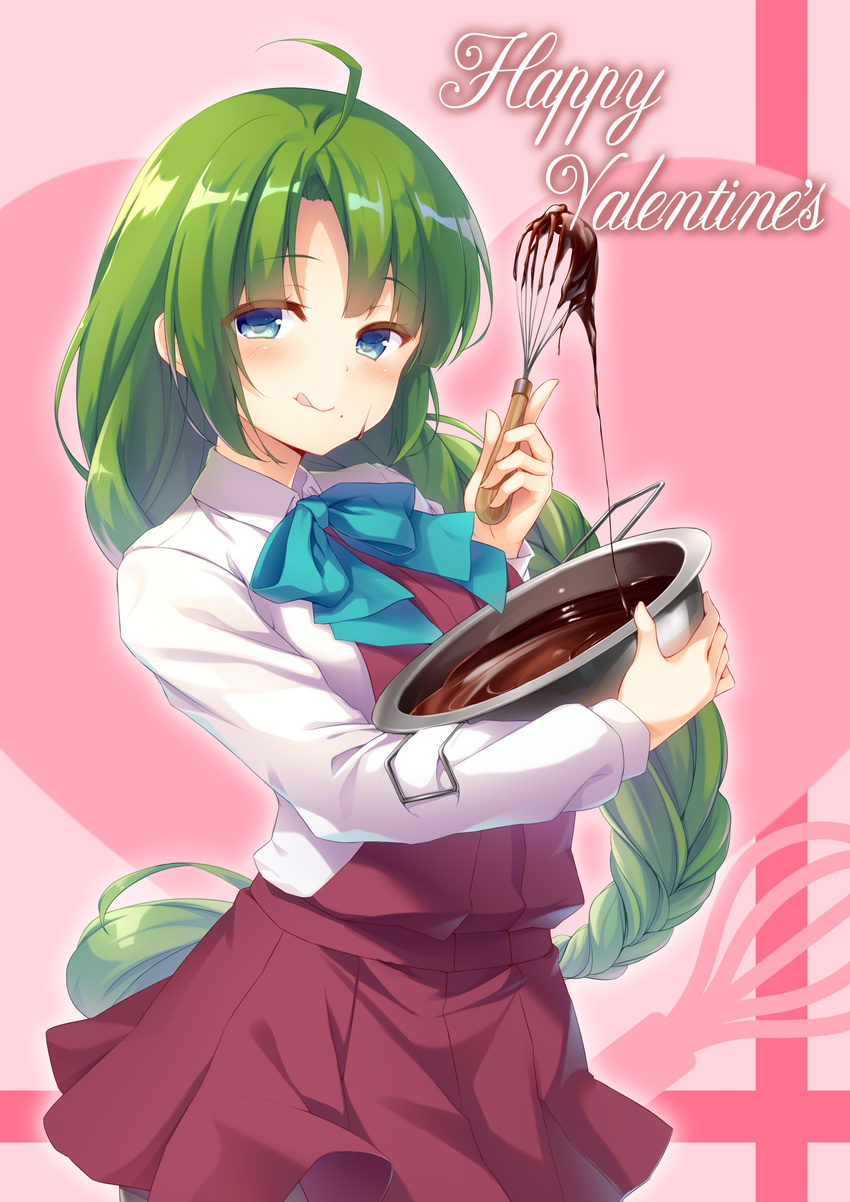 :q absurdres blue_eyes braid chocolate dress green_hair happy_valentine highres kantai_collection licking_lips long_hair long_sleeves mafuyun mixing_bowl mole mole_under_mouth purple_dress shirt single_braid sleeveless sleeveless_dress solo tongue tongue_out valentine whisk white_shirt yuugumo_(kantai_collection)