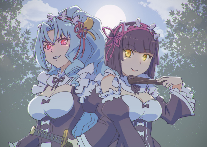 2girls :&gt; alternate_costume bare_shoulders black_hair blue_hair breasts cleavage cosplay detached_sleeves enmaided glowing glowing_eyes hair_between_eyes hand_fan hand_on_hip highres long_hair looking_at_viewer maid maid_headdress medium_breasts mio_(tsuki_ga_michibiku_isekai_douchuu) multiple_girls paper_fan ram_(re:zero) ram_(re:zero)_(cosplay) re:zero_kara_hajimeru_isekai_seikatsu red_eyes rem_(re:zero) rem_(re:zero)_(cosplay) short_hair smile tomoe_(tsuki_ga_michibiku_isekai_douchuu) tsuki_ga_michibiku_isekai_douchuu ueyama_michirou upper_body wide_sleeves yellow_eyes