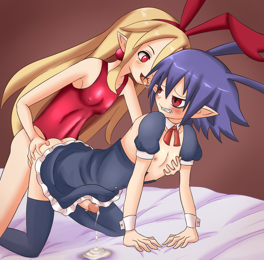 1boy 1girl bed blonde_hair blue_hair crossdressing cum cumdrip disgaea disgaea_d2 flonne futanari laharl long_hair maid penis red_eyes ribbon sandyrex short_hair swimsuit