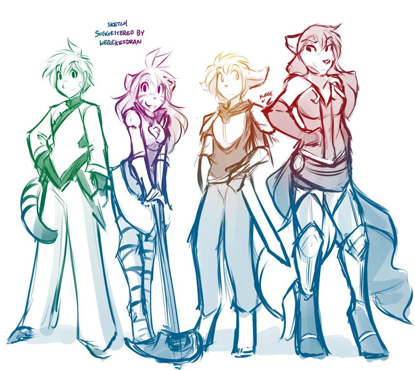 2017 armor basitin canine cape clothed clothing feline female flora_(twokinds) fully_clothed fur group hair human keidran keith_keiser male mammal melee_weapon natani rwby simple_background sketch sword tiger tom_fischbach trace_legacy twokinds weapon webcomic wolf