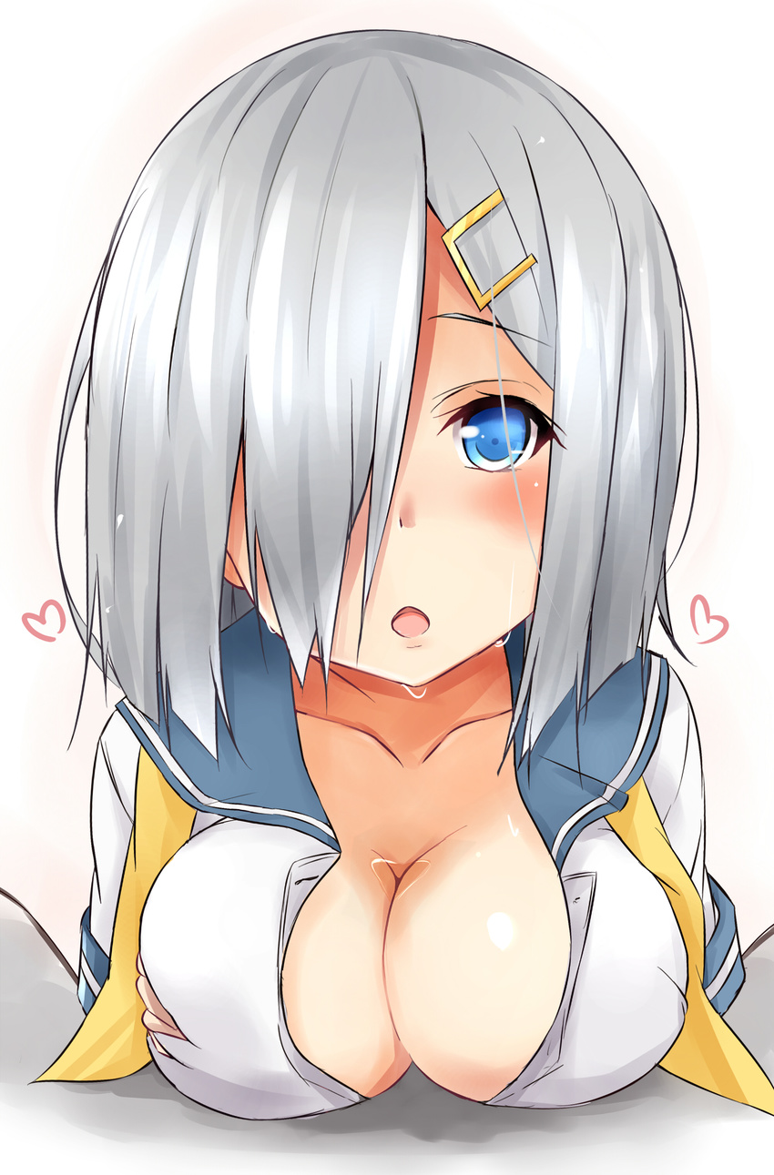 absurdres blue_eyes blush breast_rest breasts cleavage hair_ornament hair_over_one_eye hairclip hamakaze_(kantai_collection) highres kantai_collection large_breasts neckerchief no_bra open_clothes open_mouth open_shirt saku_(kudrove) school_uniform serafuku shirt short_hair silver_hair solo upper_body yellow_neckwear