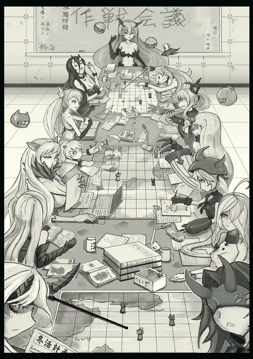 aircraft aircraft_carrier_oni airfield_hime airplane anchorage_hime armored_aircraft_carrier_hime battleship_hime black_border board_room book border chalkboard character_request check_character claws commentary_request computer cup destroyer_hime drawing enemy_aircraft_(kantai_collection) figure floating_fortress_(kantai_collection) greyscale handheld_game_console heavy_cruiser_hime highres horn indoors kantai_collection laptop light_cruiser_hime long_hair manga_(object) map meeting microphone midway_hime monochrome moomin mug multiple_girls muppo northern_ocean_hime paper pepii playstation_portable pointer protractor rensouhou-chan seaport_hime shinkaisei-kan sitting southern_ocean_war_hime spilling submarine_hime t-head_admiral tic-tac-toe translation_request