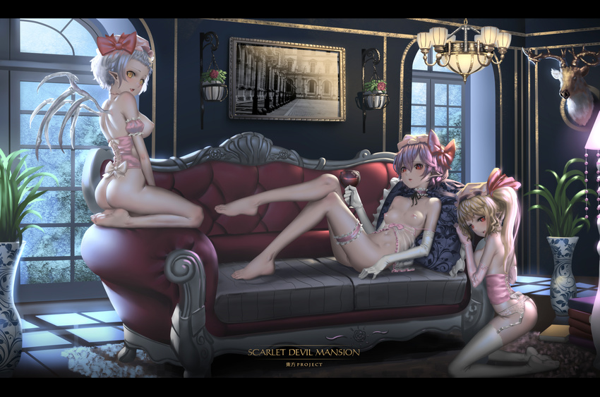 absurdres ass bare_shoulders barefoot bat_wings blonde_hair breasts corset couch cup deer_head drinking_glass dual_persona elbow_gloves feet flandre_scarlet garter_belt gloves hat hat_ribbon highres hk_(hk) indoors lamp leg_garter long_hair looking_at_viewer lying medium_breasts mob_cap multiple_girls nipples no_bra no_panties on_back photo_(object) plant potted_plant purple_hair red_eyes red_ribbon remilia_scarlet ribbon siblings side_ponytail sisters small_breasts taxidermy thighhighs touhou white_gloves white_legwear window wine_glass wings