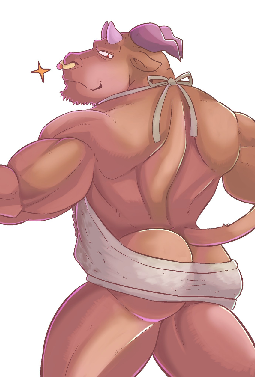 anthro bottomless bovine butt cattle clothed clothing colored looking_at_viewer male mammal muscular rear_view seitora simple_background solo white_background