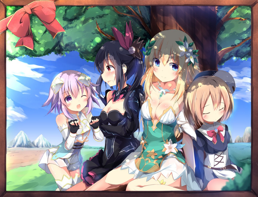 bare_shoulders black_hair blanc blonde_hair blue_eyes blush breasts closed_eyes flower four_goddesses_online:_cyber_dimension_neptune hair_flower hair_ornament hinata_yuu_(atelierhinata) large_breasts long_hair multiple_girls neptune_(choujigen_game_neptune) neptune_(series) noire one_eye_closed open_mouth purple_eyes purple_hair red_eyes short_hair smile twintails vert