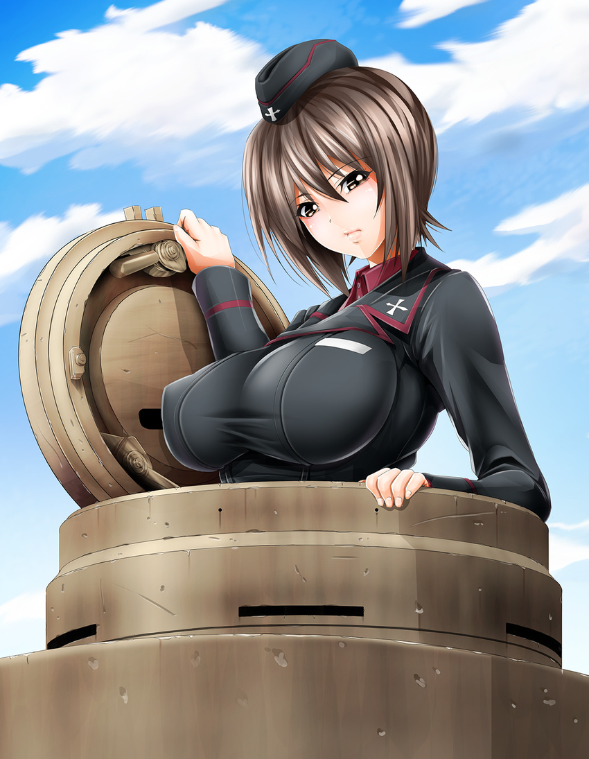 black_jacket breasts brown_eyes brown_hair cloud day garrison_cap girls_und_panzer ground_vehicle hat highres jacket kuromorimine_military_uniform large_breasts looking_at_viewer military military_uniform military_vehicle motor_vehicle nishizumi_maho red_shirt red_skirt shirt short_hair size_hermitage skirt sky solo tank uniform