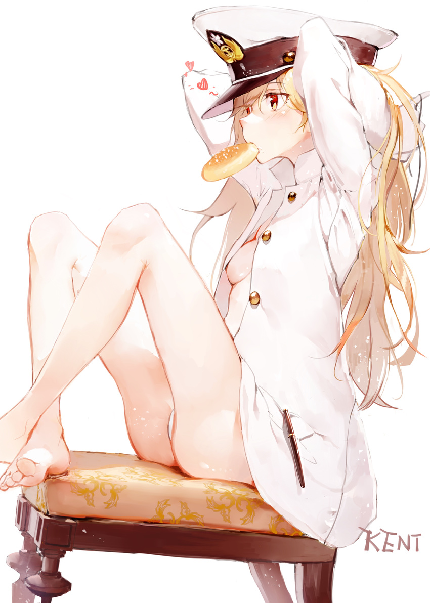 absurdres admiral_(kantai_collection) admiral_(kantai_collection)_(cosplay) arms_up artist_name bare_legs barefoot blush bread breasts buttons cosplay crossed_ankles food hands_in_hair hat heart highres jacket kantai_collection kentllaall long_hair long_sleeves looking_afar mouth_hold no_bra open_clothes open_jacket panties pantyshot pantyshot_(sitting) peaked_cap red_eyes remodel_(kantai_collection) shiny shiny_skin sitting small_breasts solo stool underboob underwear very_long_hair white_hat white_jacket white_panties yuudachi_(kantai_collection)