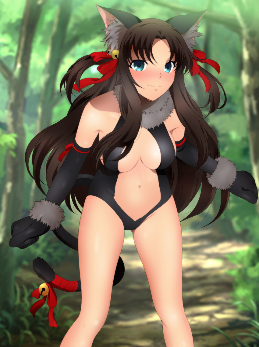 1girl absurdres bare_legs bare_shoulders black_hair blush breasts cat_ears cat_tail cleavage_cutout cosplay elbow_gloves embarrassed fake_animal_ears fake_tail fate/stay_night fate_(series) forest fur_trim green_eyes highres legs leotard long_hair looking_at_viewer mound_of_venus navel outdoors solo standing thighs tohsaka_rin trees yadokari_genpachirou