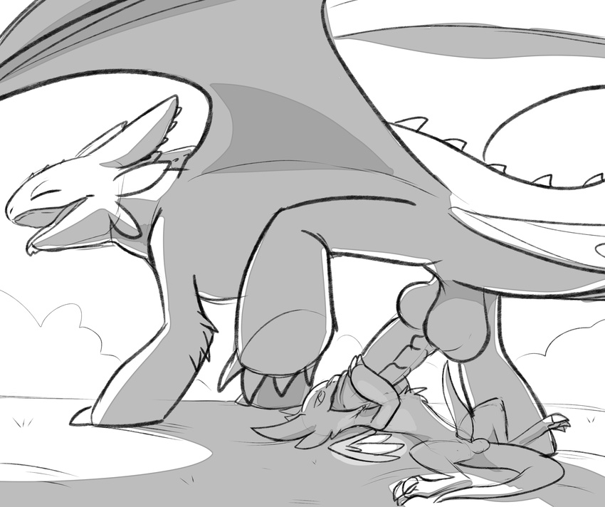 balls bigger_dom blitzdrachin chibisuke claws dragon dragon_drive eyes_closed feral fluffy how_to_train_your_dragon invalid_tag knot lying male male/male on_back oral panting penis size_difference sketch toothless wings