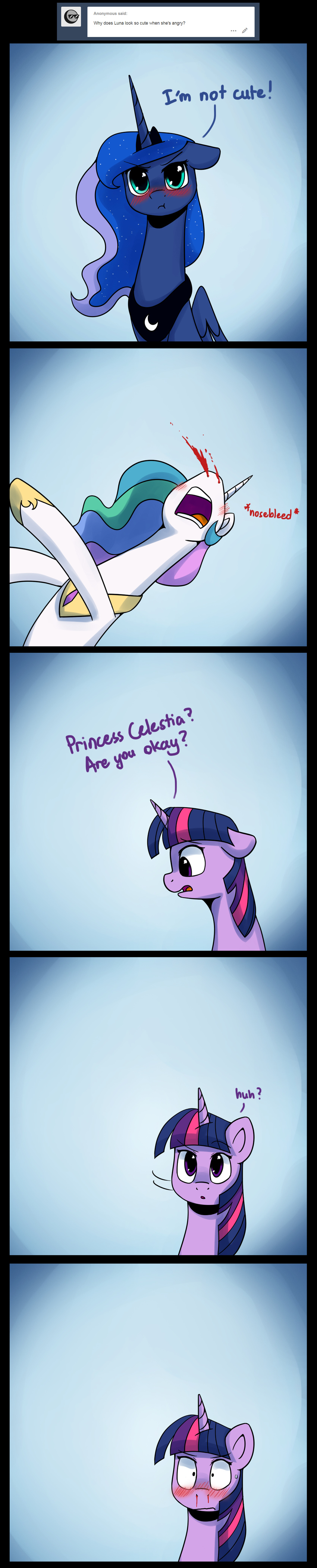 2017 anticularpony blood blush comic cosmic_hair crown dialogue english_text equine feathered_wings feathers female feral friendship_is_magic grey_background group hair horn jewelry looking_at_viewer mammal multicolored_hair my_little_pony necklace nosebleed princess_celestia_(mlp) princess_luna_(mlp) simple_background text twilight_sparkle_(mlp) unicorn winged_unicorn wings